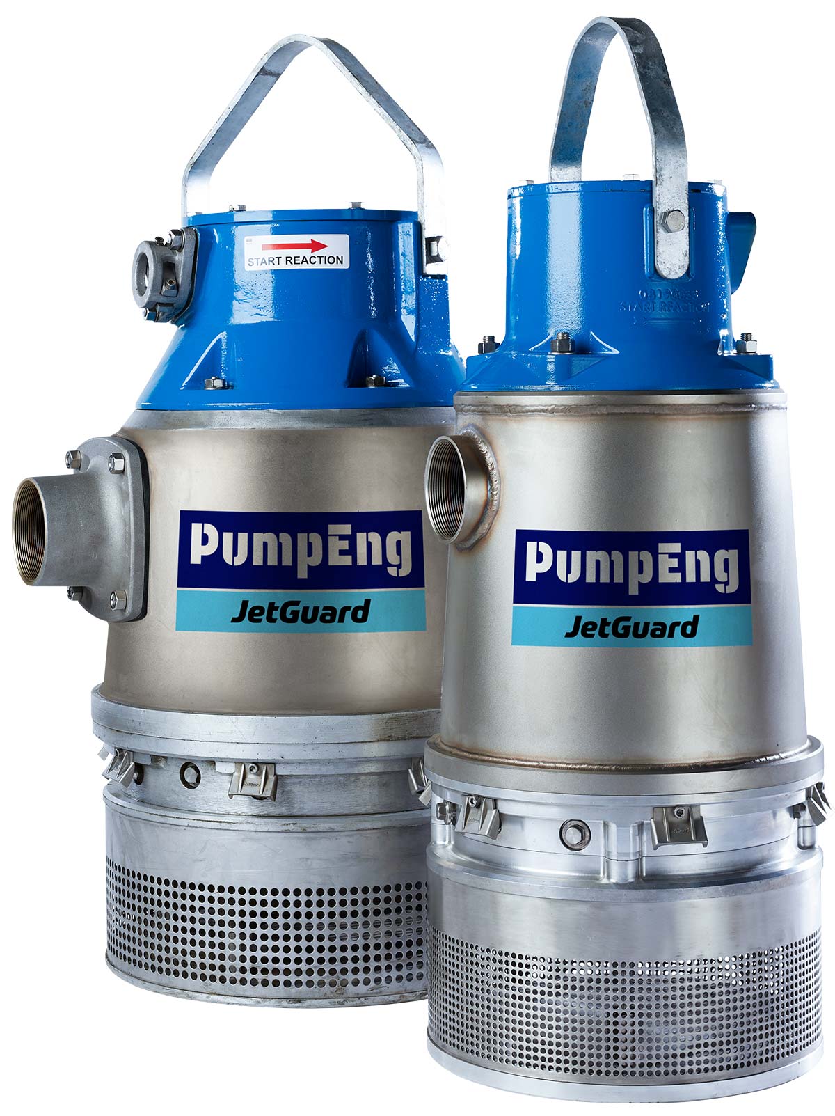 Two JetGuard (20Kw 10Kw) underground mine dewatering pumps with the PumpEng brand printed on the front