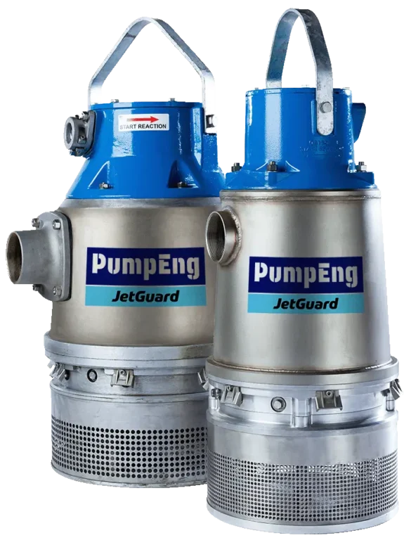 Two JetGuard underground min dewatering pumps 20kw_10kw with the PumpEng brand printed on the front
