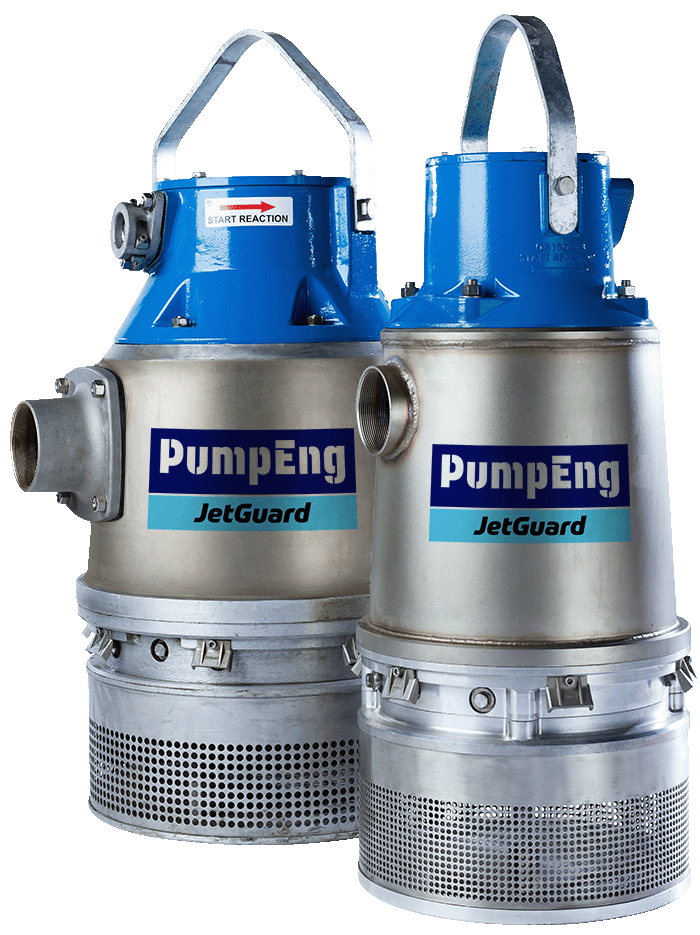 Two JetGuard underground min dewatering pumps 20kw_10kw with the PumpEng brand printed on the front
