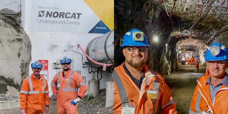 A collage of two pictures, the first two men are standing in front of Norcat Underground Training Centre and then in the second picture the same men are standing in the underground mine