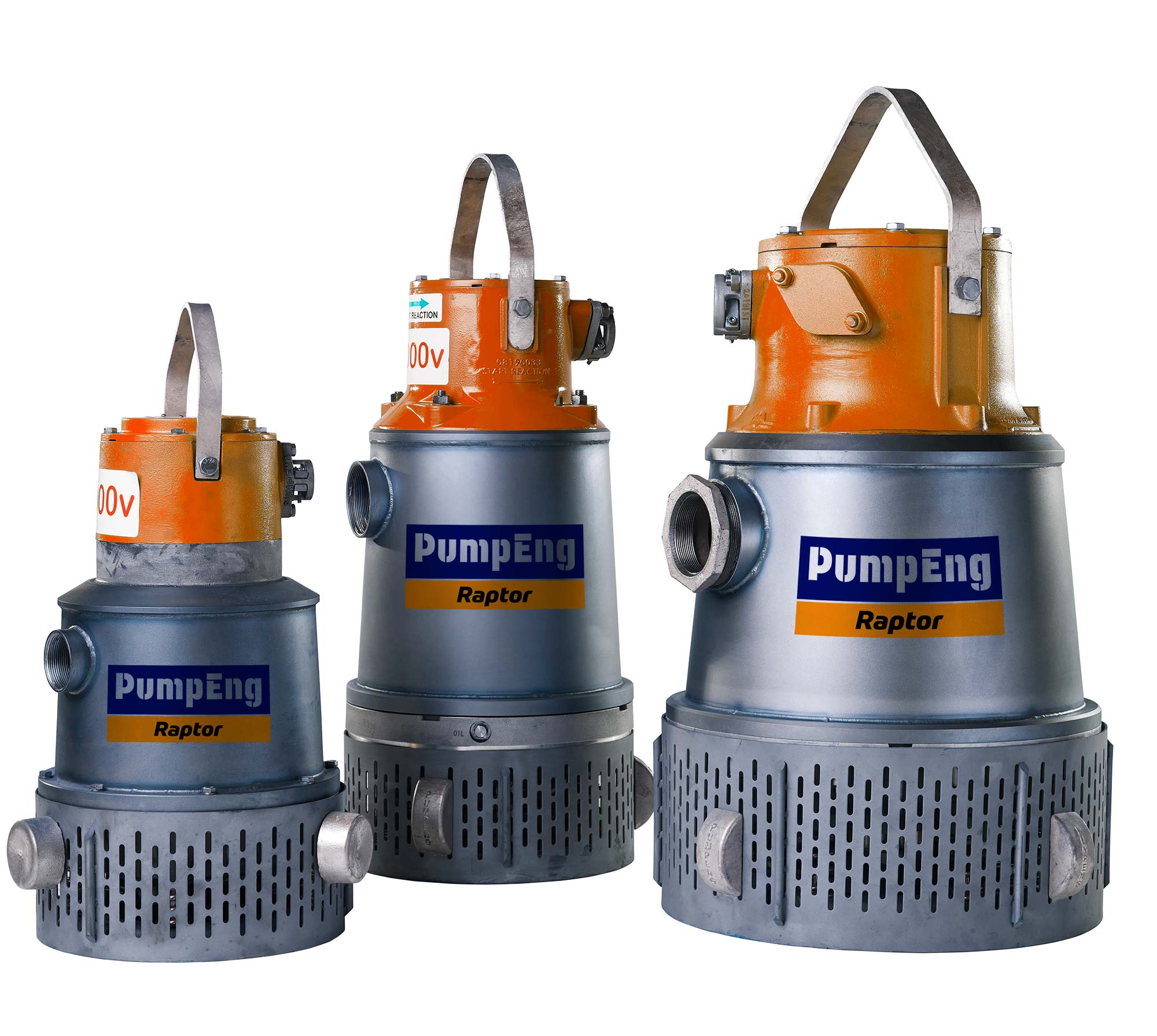 3 different sized Raptor® underground mine dewatering pumps with the PumpEng logo printed on the front