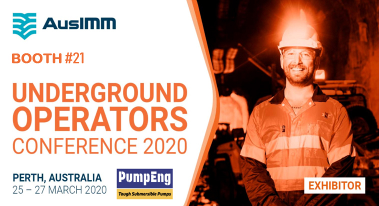 Graphic advertising PumpEng at an underground operators conference 2020 with an image of a man in high-vis uniform smiling while standing in an underground mine