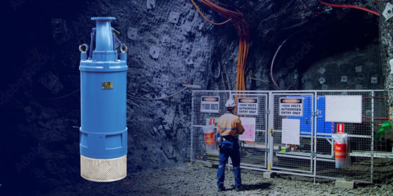A PumpEng MetalVest pump overlaid on an image of a man in a mining uniform standing in an underground mine site