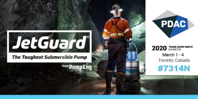 A graphic advertising JetGuard at PDAC Canada alongside an image of a man in high-vis uniform standing in an underground mine next to a JetGuard mine pump