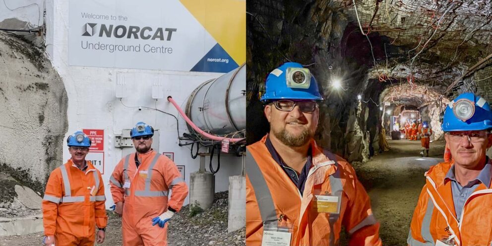 A collage of two pictures, the first two men are standing in front of Norcat Underground Training Centre and then in the second picture the same men are standing in the underground mine