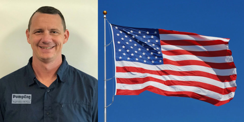 Two images merged together, the first is a PumpEng employee and the second is an American flag billowing in the breeze