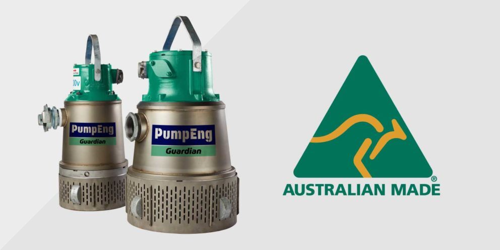 Two PumpEng Guardian underground mine dewatering pumps with an Australian Made logo overlaid