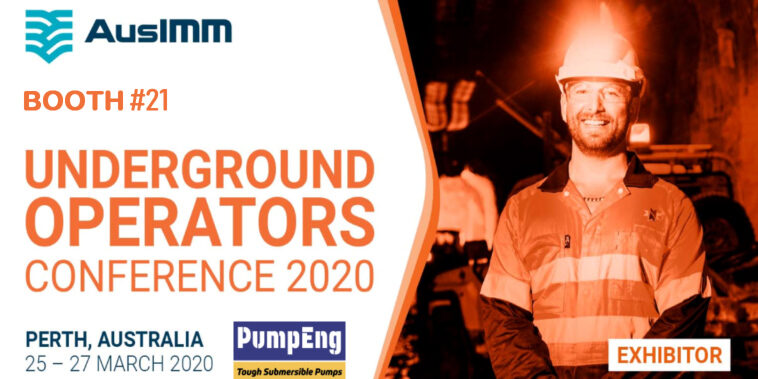 Graphic advertising PumpEng at an underground operators conference 2020 with an image of a man in high-vis uniform smiling while standing in an underground mine