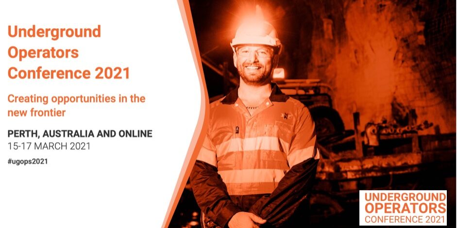 Underground Operators Conf 2021 A man working in an underground mine with dewatering pumps with the words "Underground Operators Conference 2021" overlaid